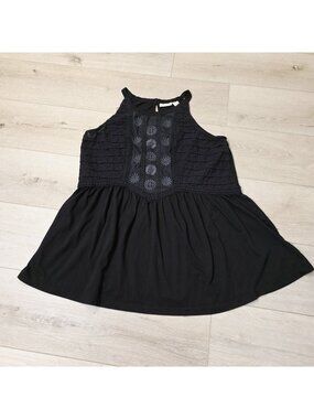 LOGO Lavish Floral Hippie Boho Embroidered Flowy Black Eyelet Tank Top Sz M